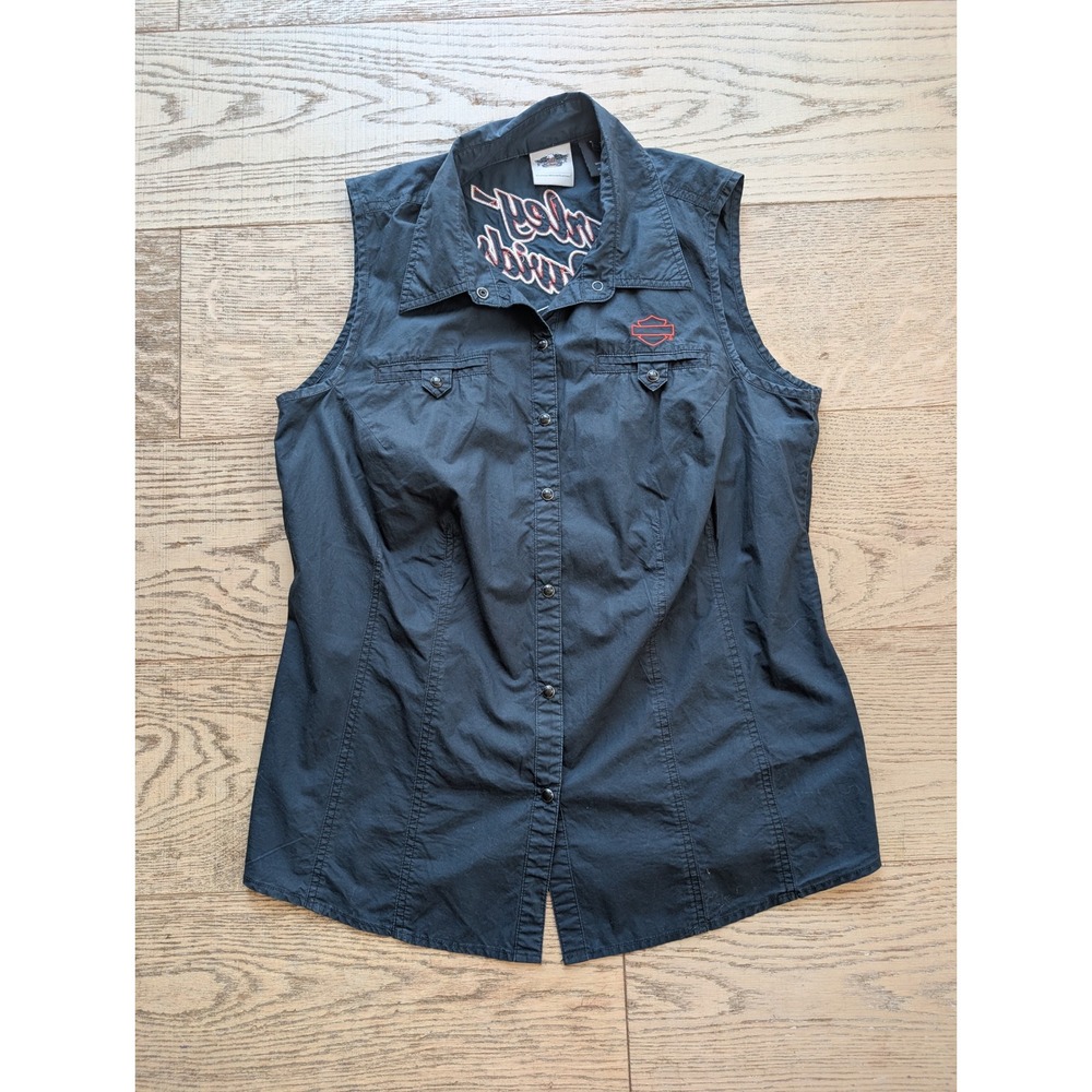 Vtg Harley-Davidson Womens Black Sleeveless Embroidered Biker Shirt Pearl Snap L